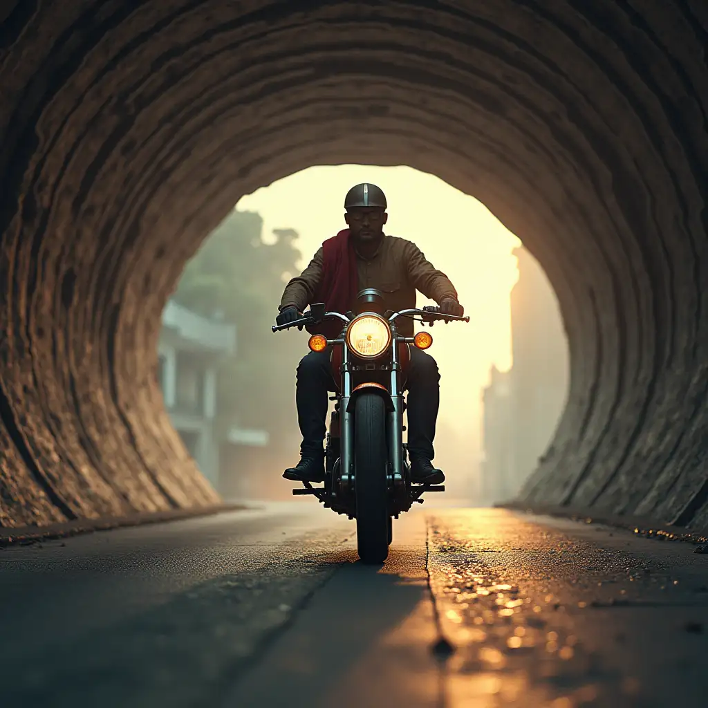 An indian delivery guy on a motorcycle going through a wormhole