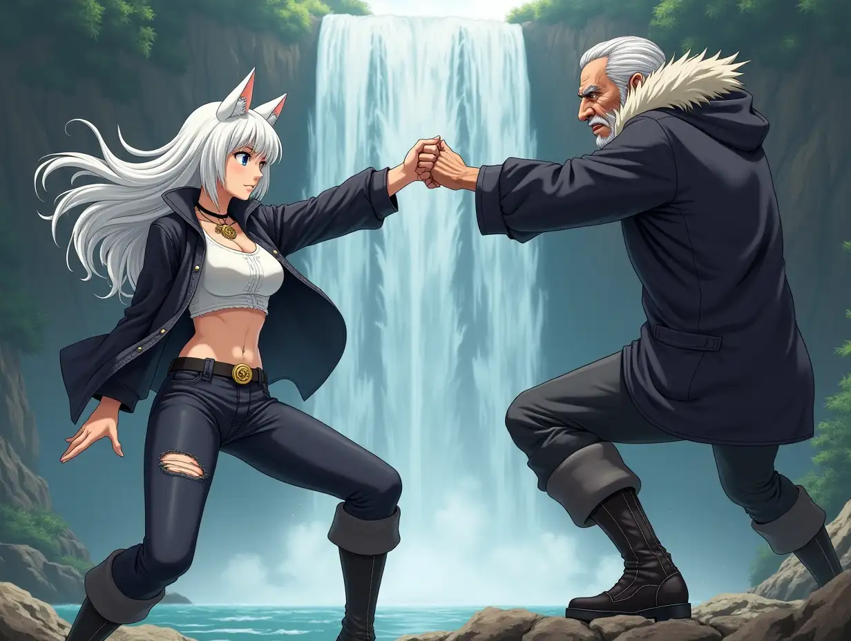 Anime mature adult woman with an hourglass body who looks like she is in her 30's with big breast, blue eyes, black and gold earrings, a choker around her neck, long white hair and white cat ears on her head. She is wearing a crop top shirt, torn pants, and low cut boots that shows her toes with a jacket with fur collar fighting against an old man who is her master. They are punching, kicking, dodging and parrying each other attacks as they train beneath a waterfall.