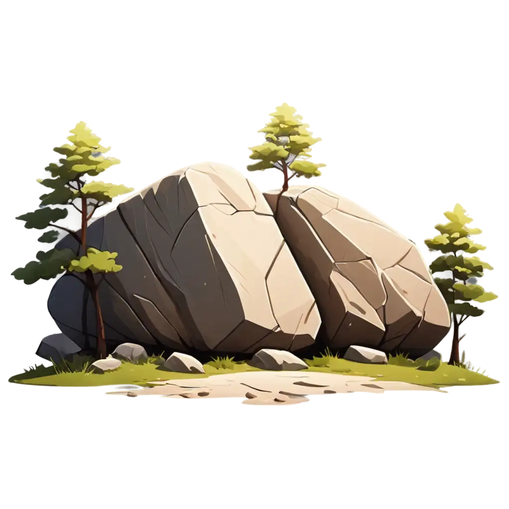 Vibrant-Cartoon-PNG-Image-of-a-Big-Rock-Surrounded-by-Small-Trees