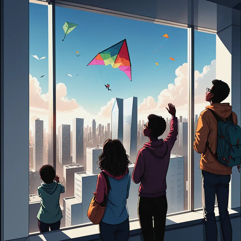 Cityscape View from Tall Building with Kite Flying