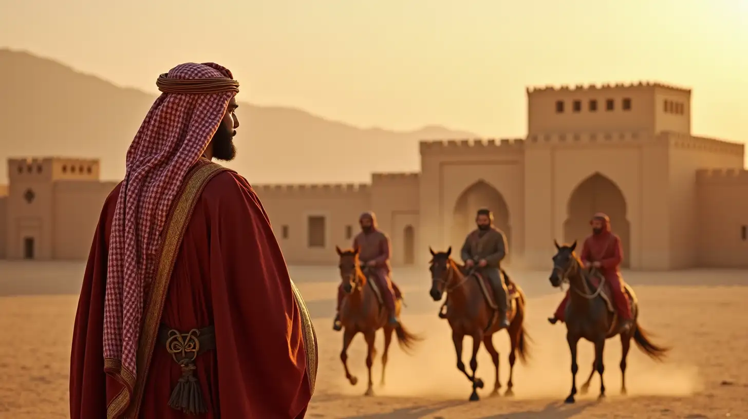 Arab King Addressing Horseback Riders Outside Desert Palace