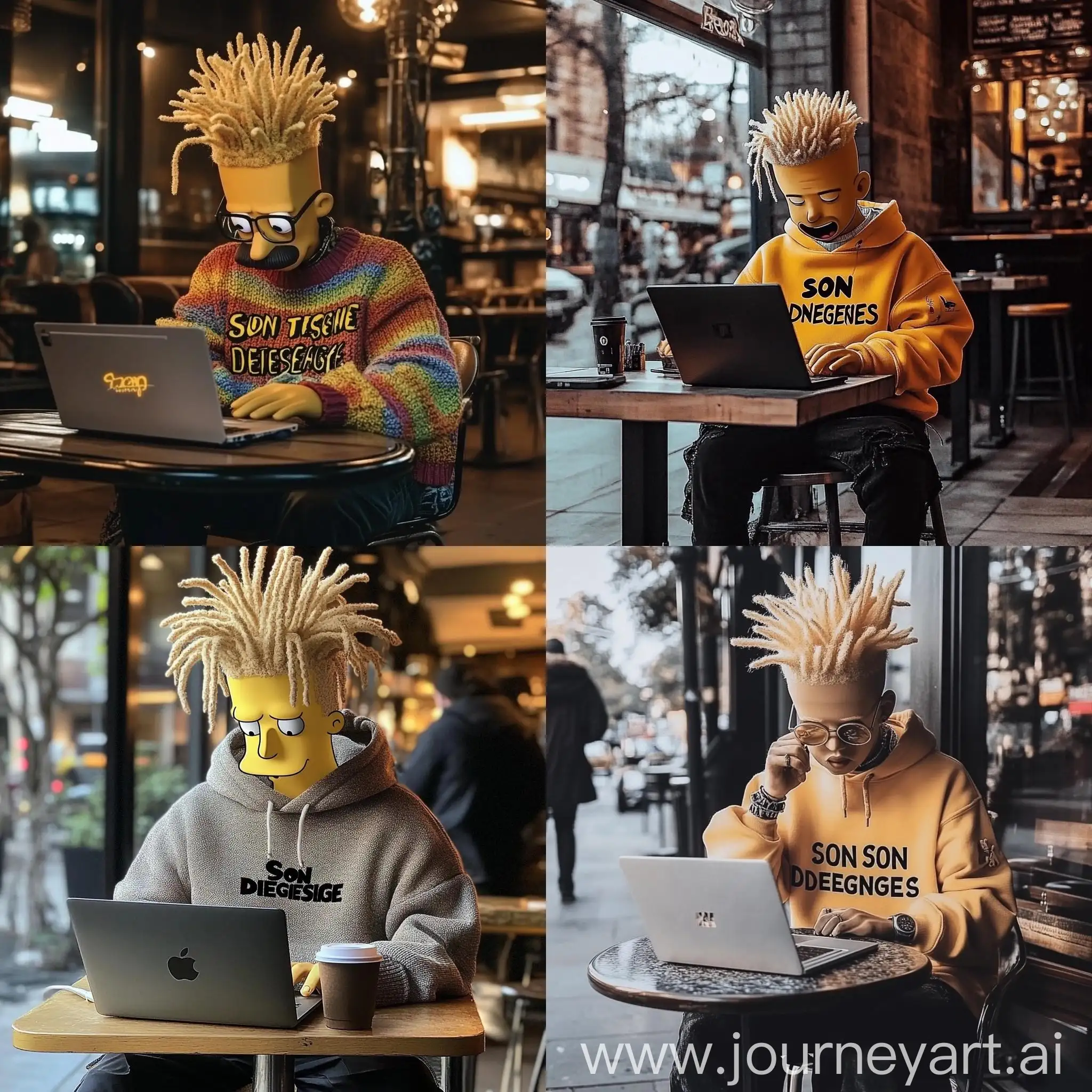 Bart-Simpson-with-Blonde-Dreads-Designing-Animation-in-Coffee-Shop