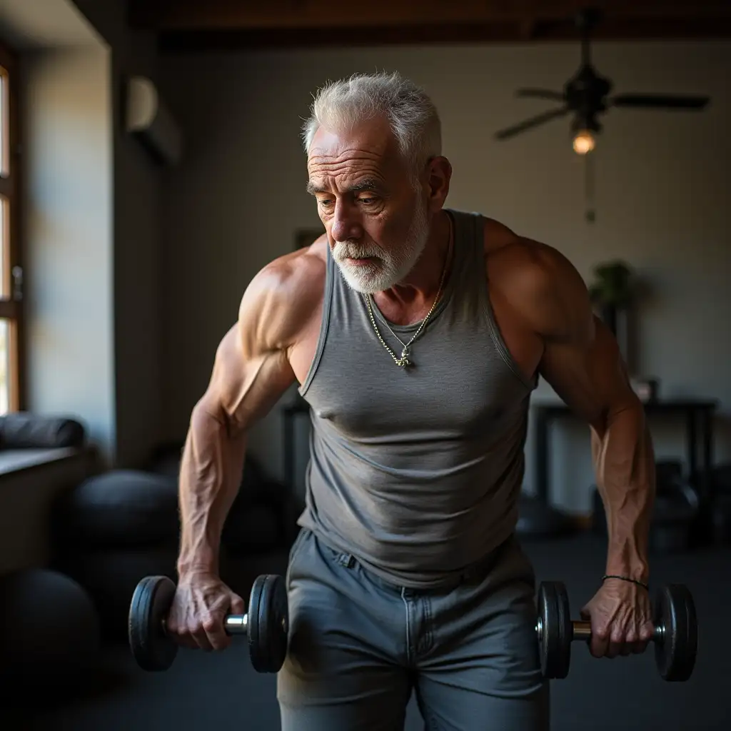 A man of 60 years doing dumbbell exercises at home gym