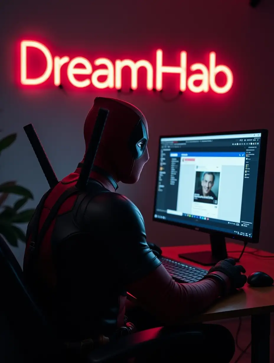 Deadpool, sitting in a chair by a laptop and facebook ads on the monitor. View from the shoulder, close-up of the laptop monitor. On the wall in large neon letters 'DreamHab' is written.