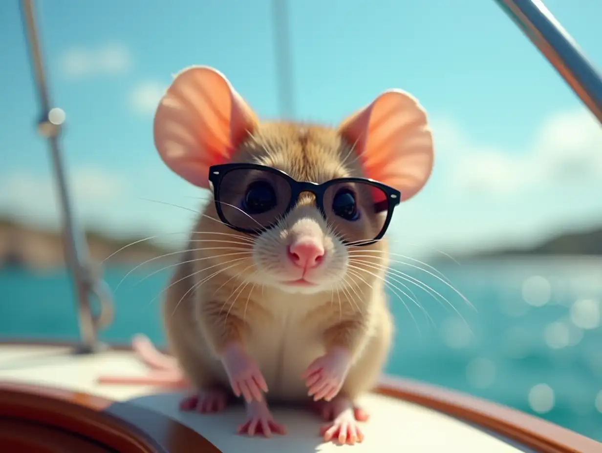 A mouse on a yacht and wearing sunglasses