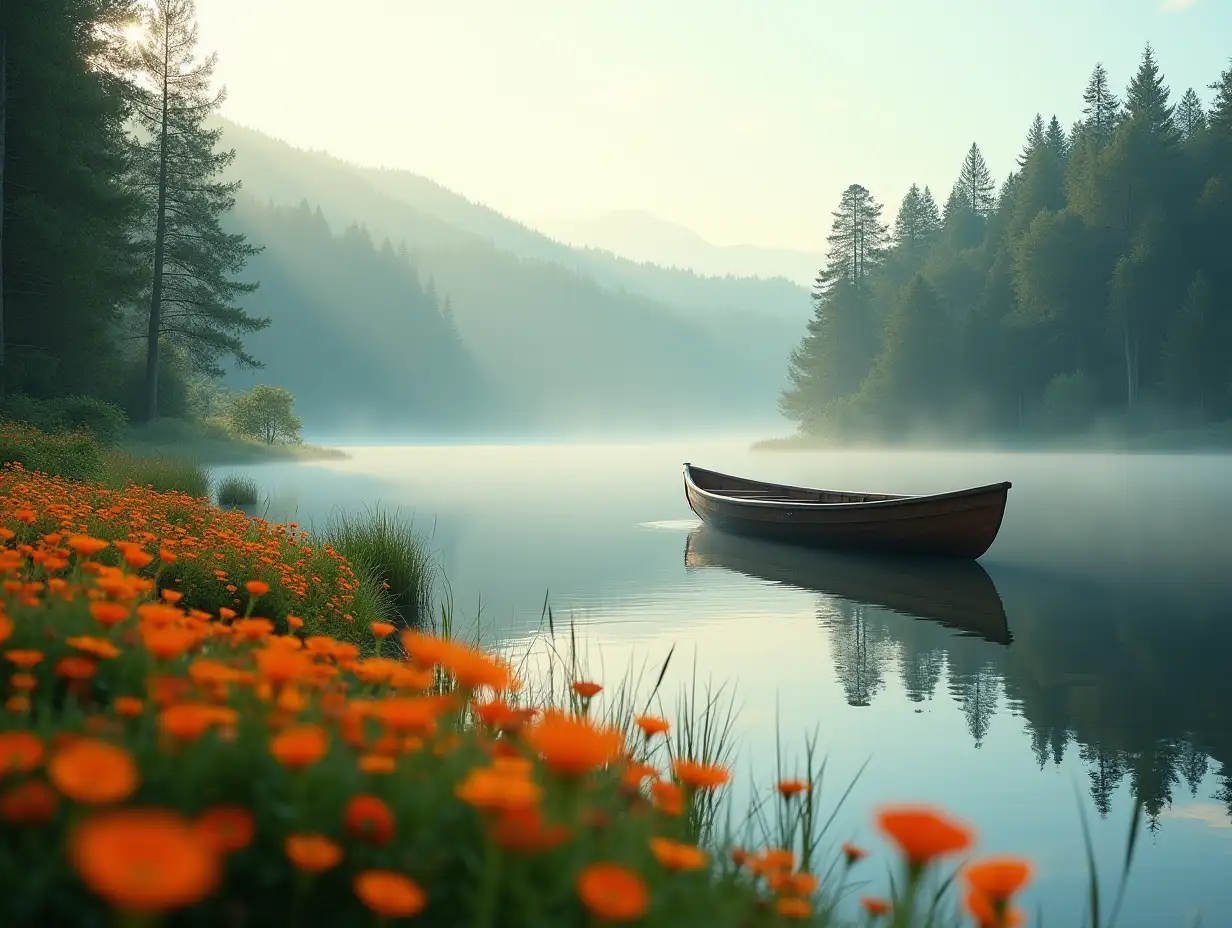 A serene forest lake during early morning light, a wooden rowboat floating gently on calm reflective water, surrounded by lush green pine and fir trees, vibrant orange wildflowers blooming on the riverbank in the foreground, soft mist in the background giving a dreamy atmosphere, peaceful and tranquil nature scene, hyper-realistic details, soft diffused lighting, cinematic composition, 4K resolution, ultra sharp focus, magical and relaxing mood