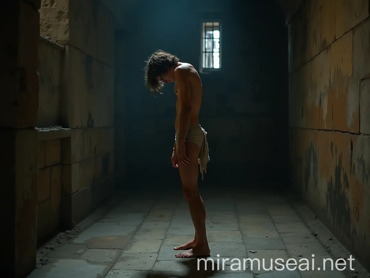 Vulnerable Young Man in an Ancient Prison Vault