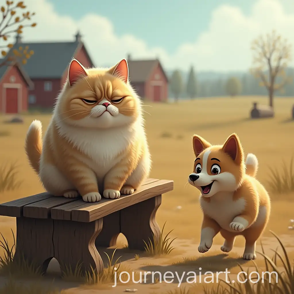 Comical-Scene-of-a-Chubby-Cat-Falling-from-a-Bench-as-an-Animated-Dog-Tries-to-Play