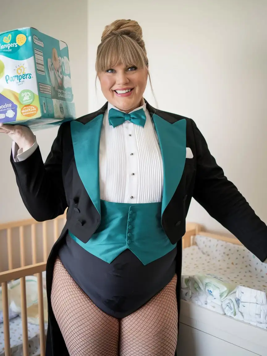 Smiling-MiddleAged-Woman-in-Formal-Tuxedo-Holding-Pampers-in-Nursery