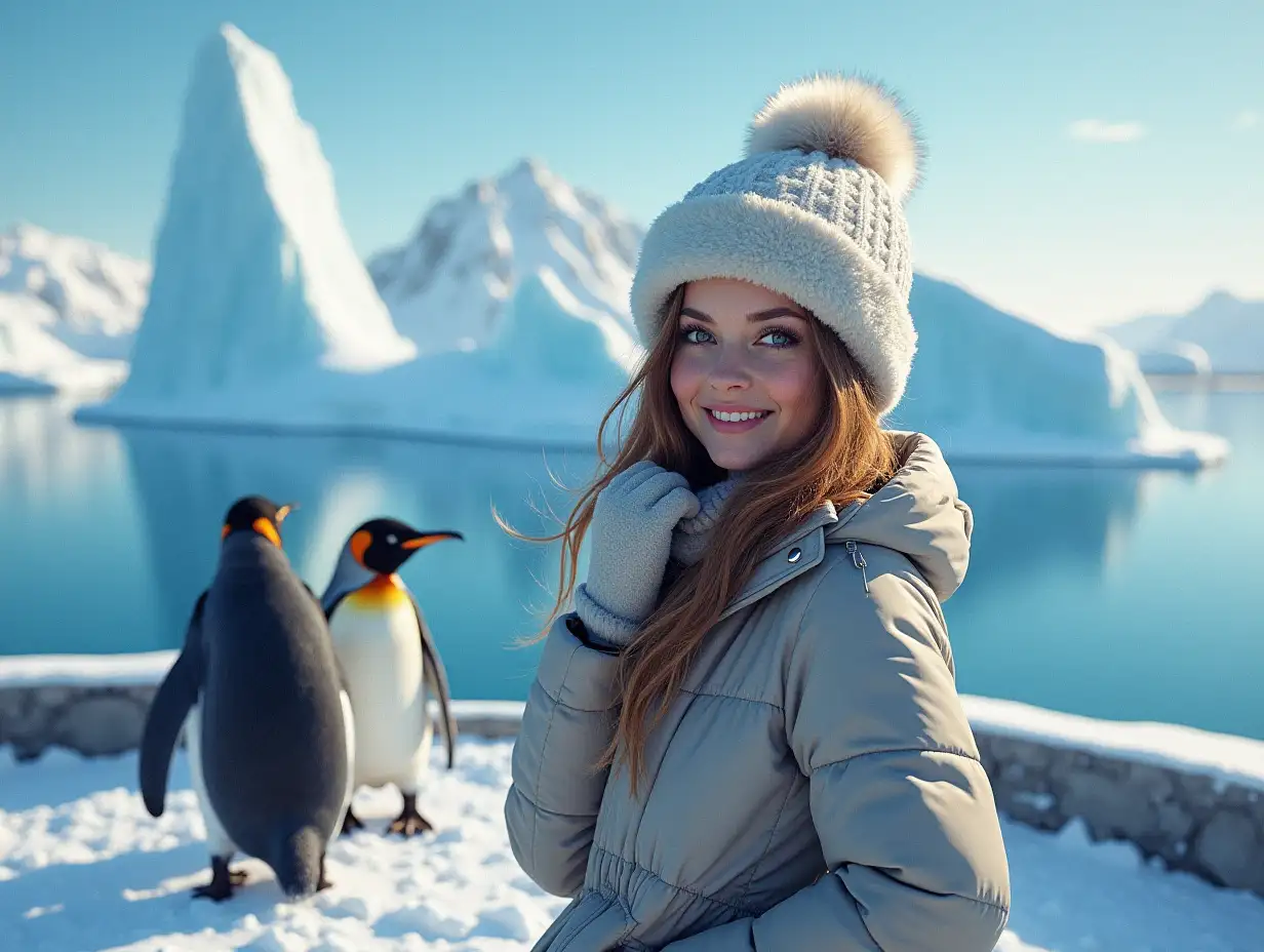 Ultradetailed hyperrealistic portrait woman with jacket,hat,gloves on a very beautiful terrace with in the antarctica with sea with view on icebergs and penguin elaborately detailed, colorful with snow