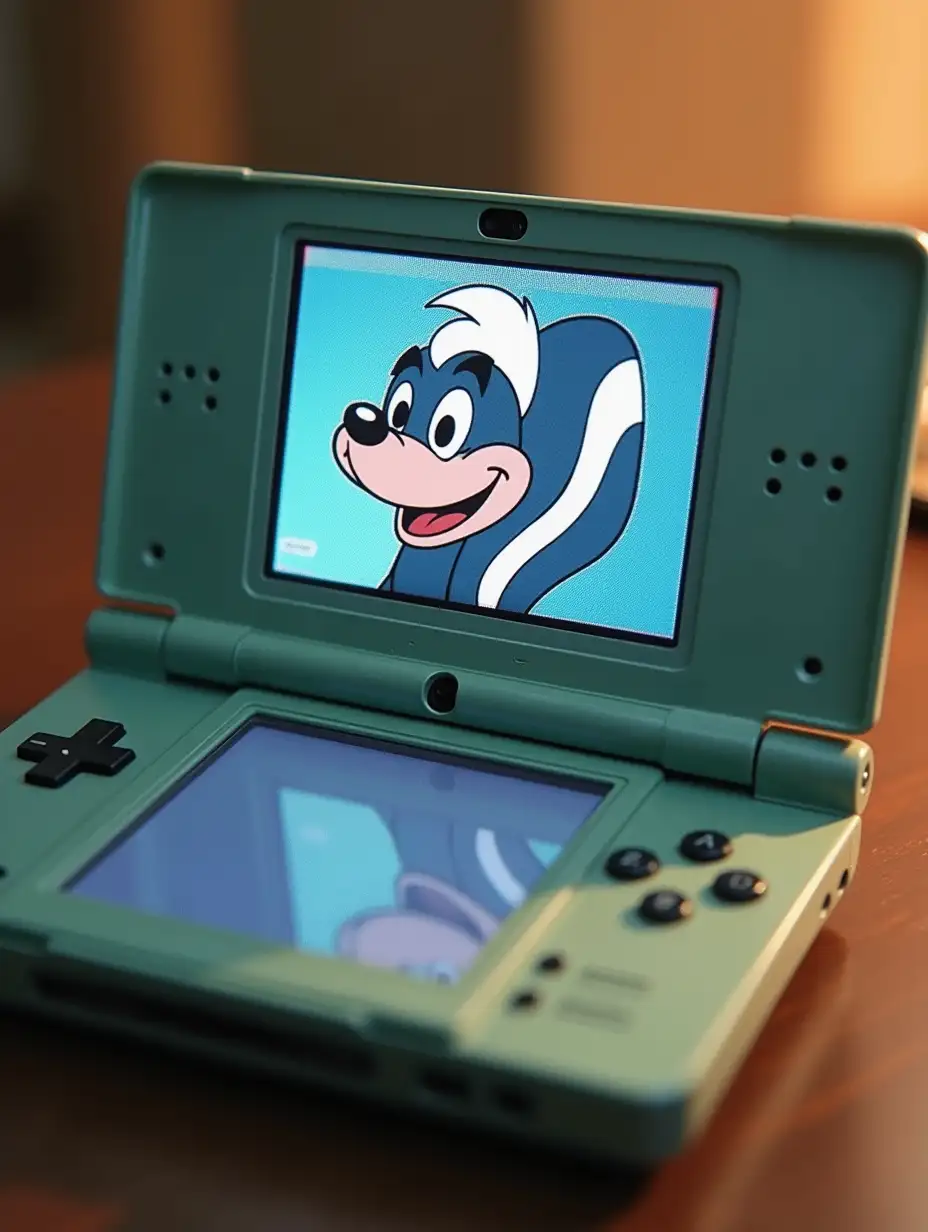 Chuck Jones skunk on a Nintendo DSi screen