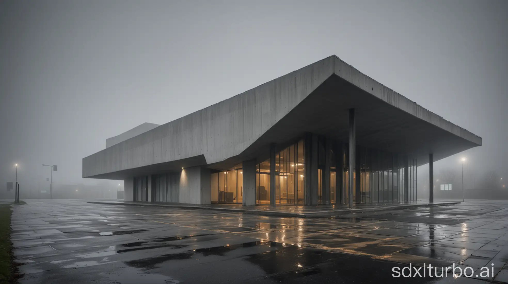 Eerie-Modern-Concrete-Building-in-Foggy-Landscape