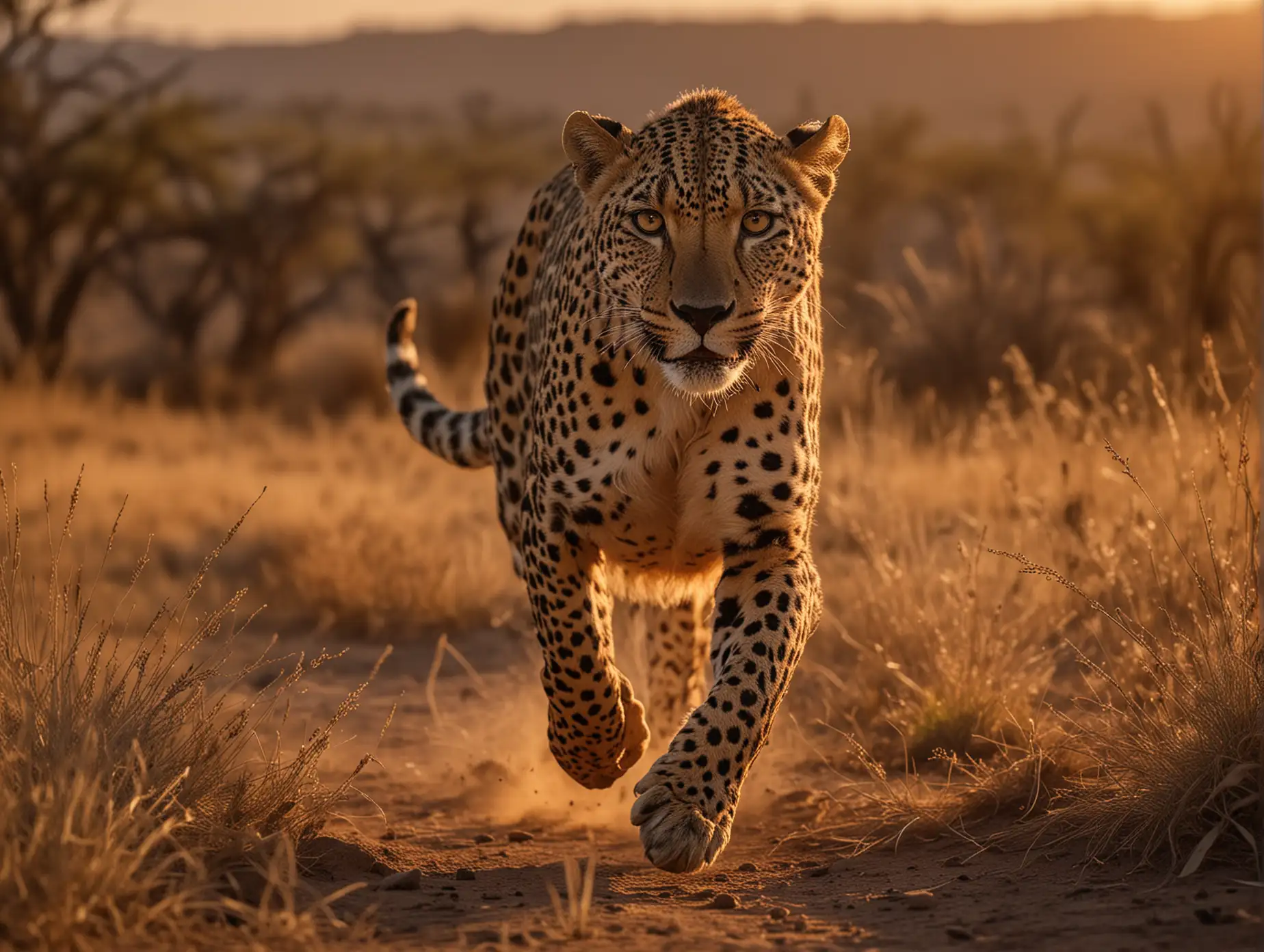 africa. amazing sunset. gepard running through savannah, dynamic pose, taken using a Canon EOS R camera with a 50mm f/ 1.8 lens, f/ 2.2 aperture, shutter speed 1/ 200s, ISO 100 and natural light, Full Body, Hyper Realistic Photography, Cinematic, Cinema, Hyperdetail, Ultrahd, Colour Correction, ultrahd, hdr, color grading, 8k