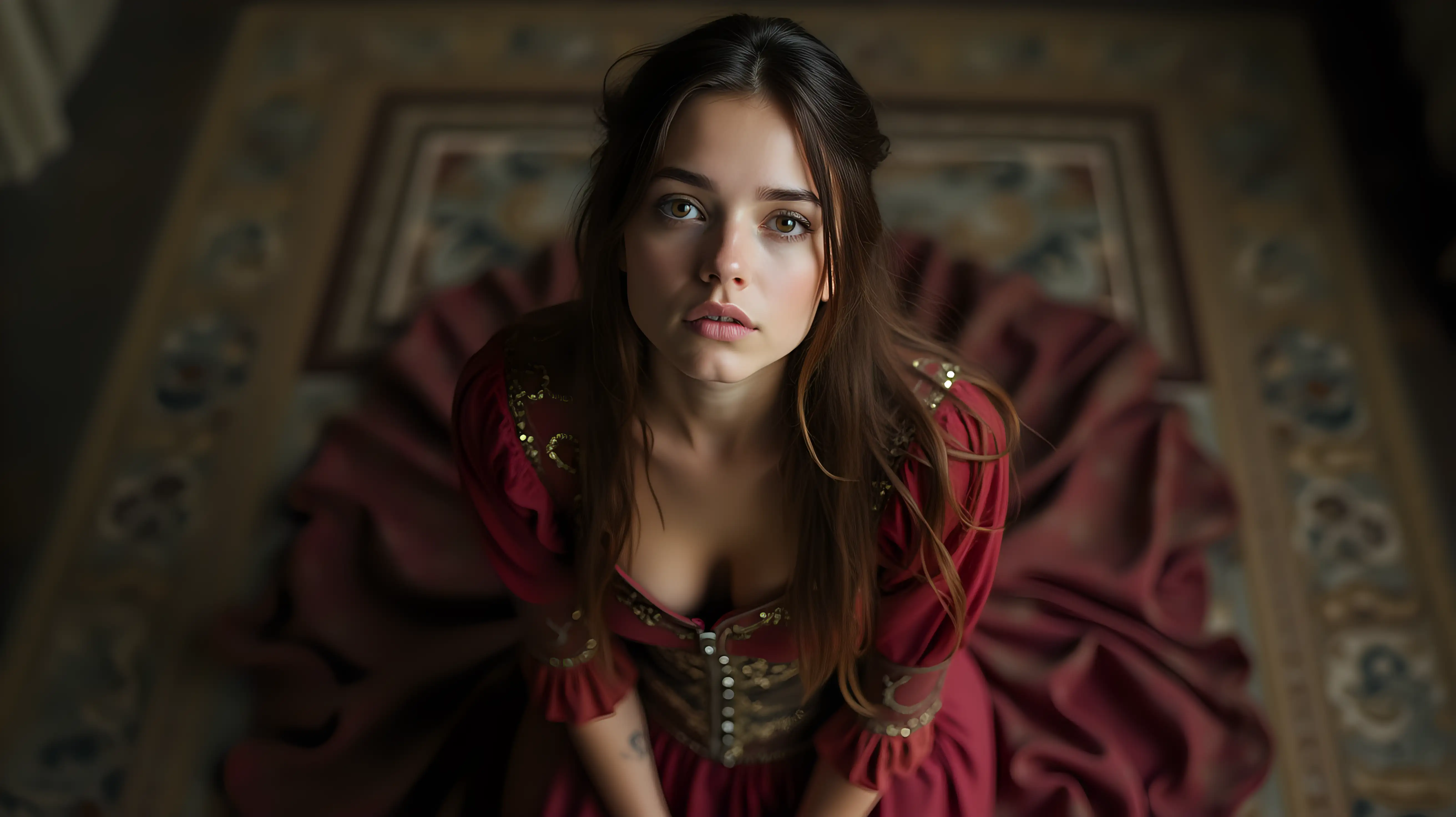 A gorgeous young woman, medieval noble dress, long loosen brown hair, kneeling, bird's eye view, breasts exposed, looking up