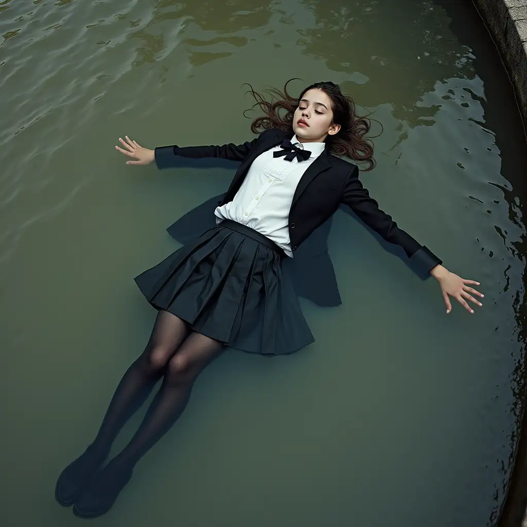 A young schoolgirl in a school uniform, in a skirt, jacket, blouse, dark tights, high-heeled shoes. She is swimming in a dirty pond, lying under water, all her clothes are completely wet, wet clothes stick to her body, the whole body is under water, submerged in water, under the surface of the water, below the water's edge.