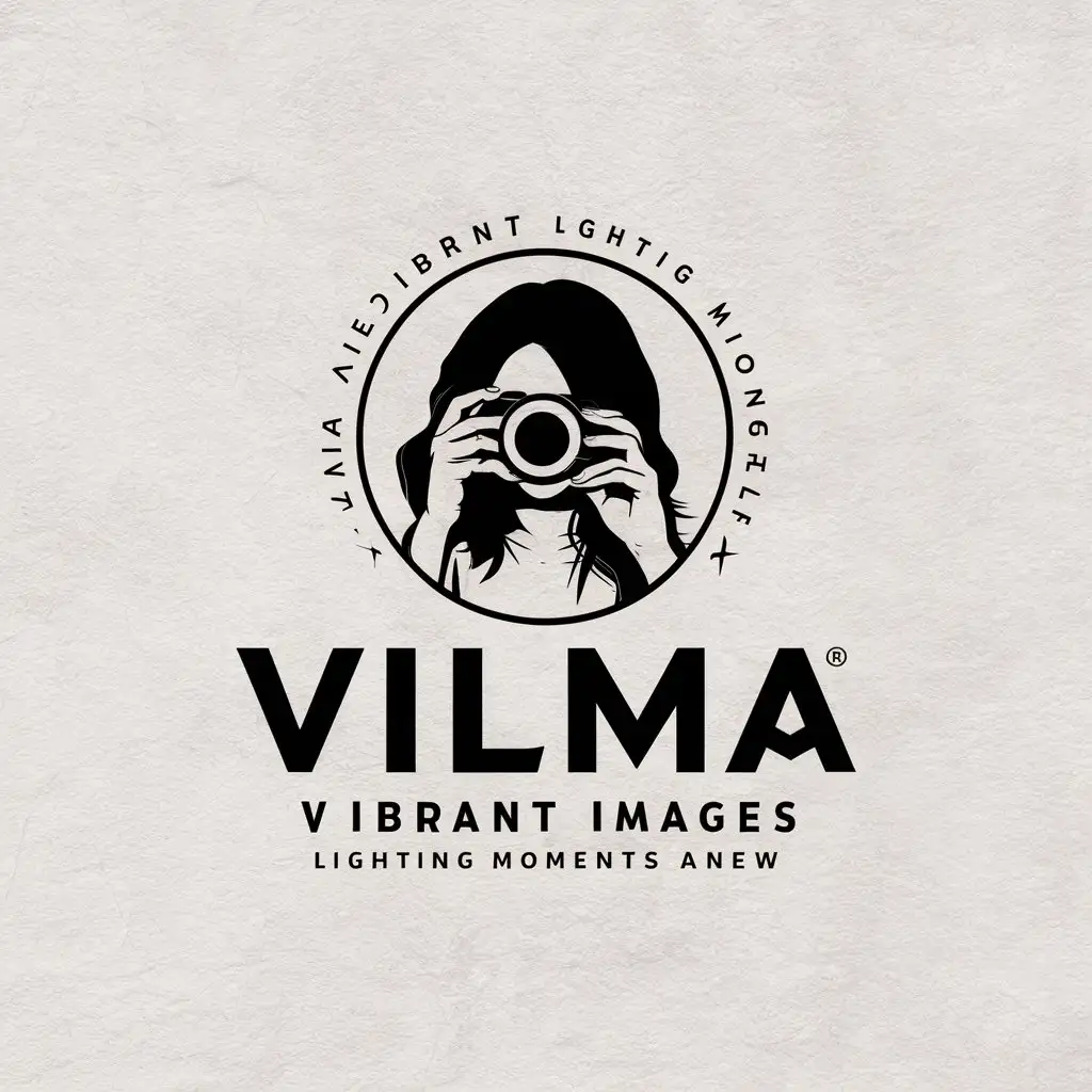 a vector logo design,with the text "Vilma  Vibrant Images Lighting Moments Anew", main symbol:Girl taking photo,Moderate,clear background