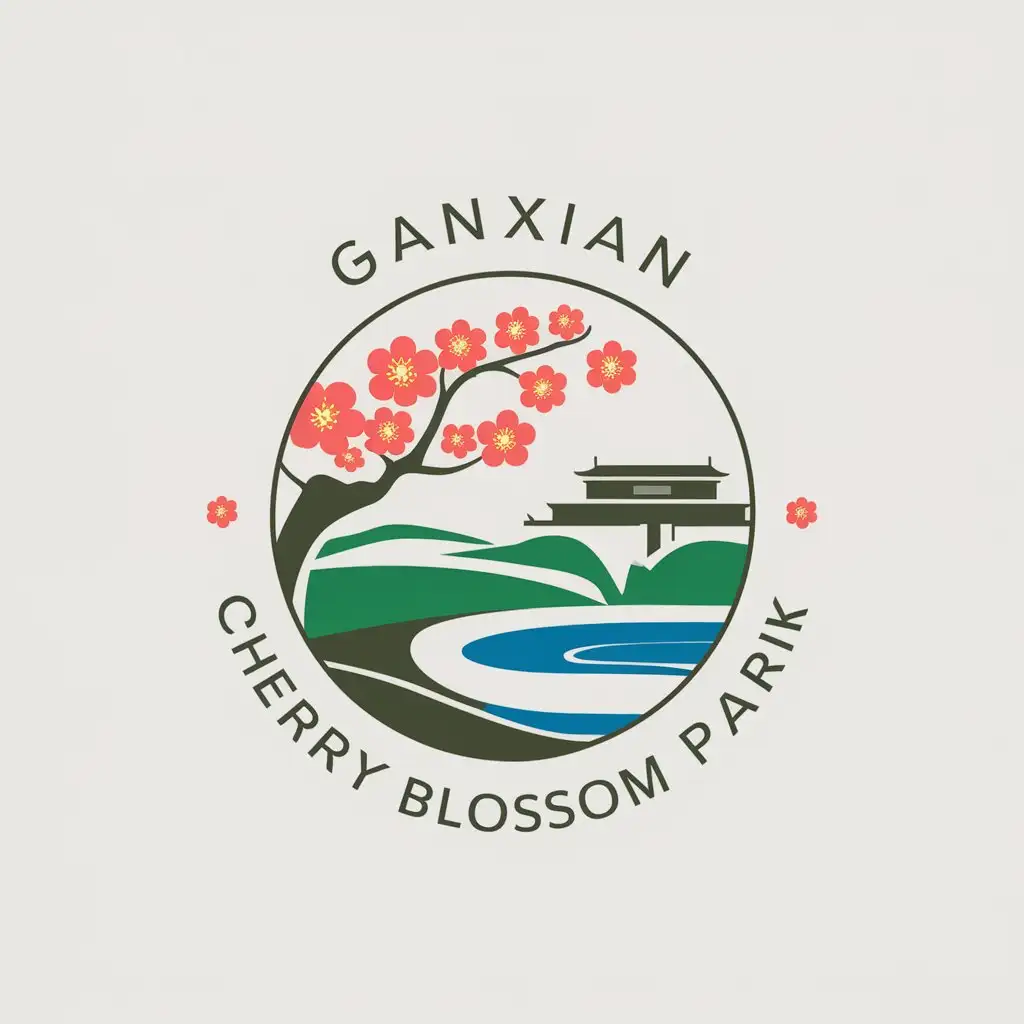 a vector logo design,with the text "cherry blossom", main symbol:user_prompt: Vector logo design, text is ‘Ganxian Cherry Blossom Park’, main symbols: Design outline - 1.1 Introduce the purpose and objectives of Ganxian Cherry Blossom Park - 1.2 Briefly describe the core elements of flag design: cherry blossoms, scenery, 1.2 LOGO design core elements: cherry blossoms, Gan River,Moderate,clear background