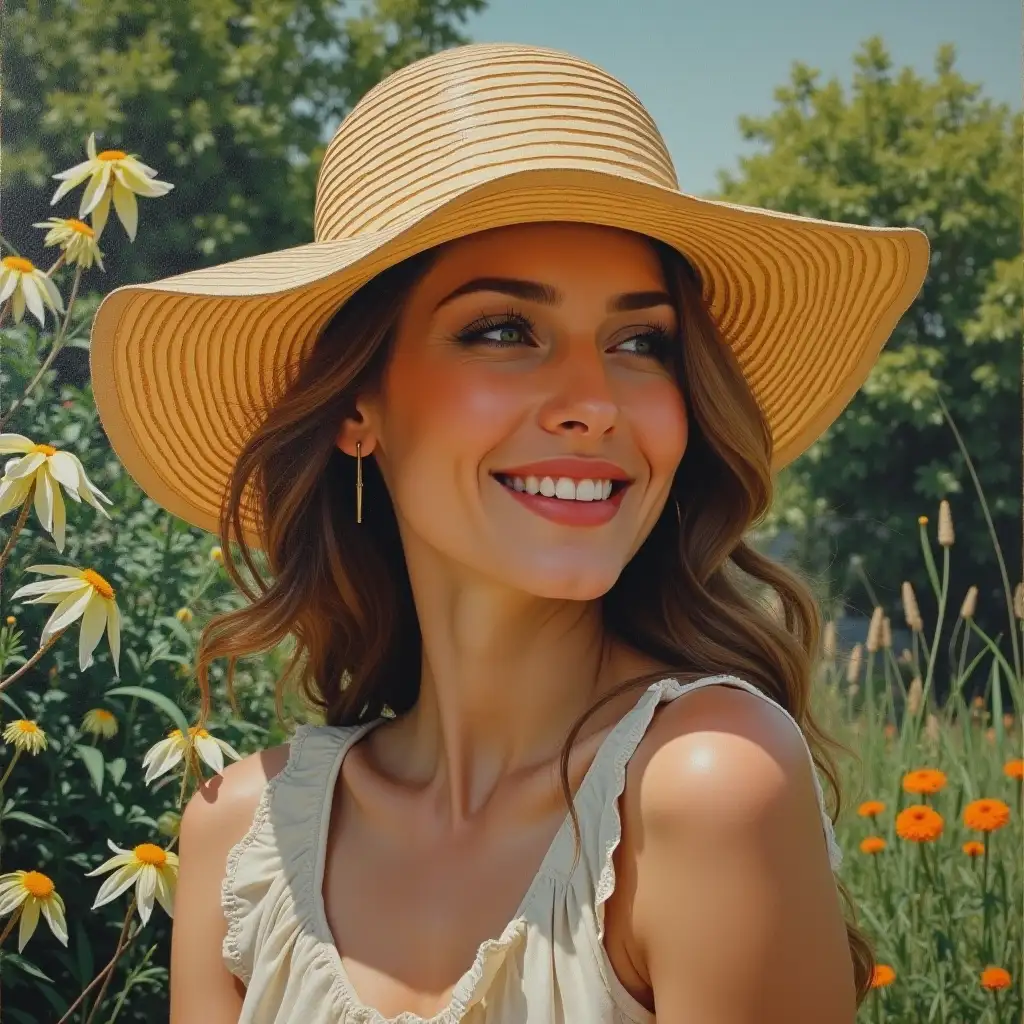 Beautiful-Woman-Wearing-Sun-Hat-in-a-Lush-Garden-Hyperrealistic-Oil-Painting