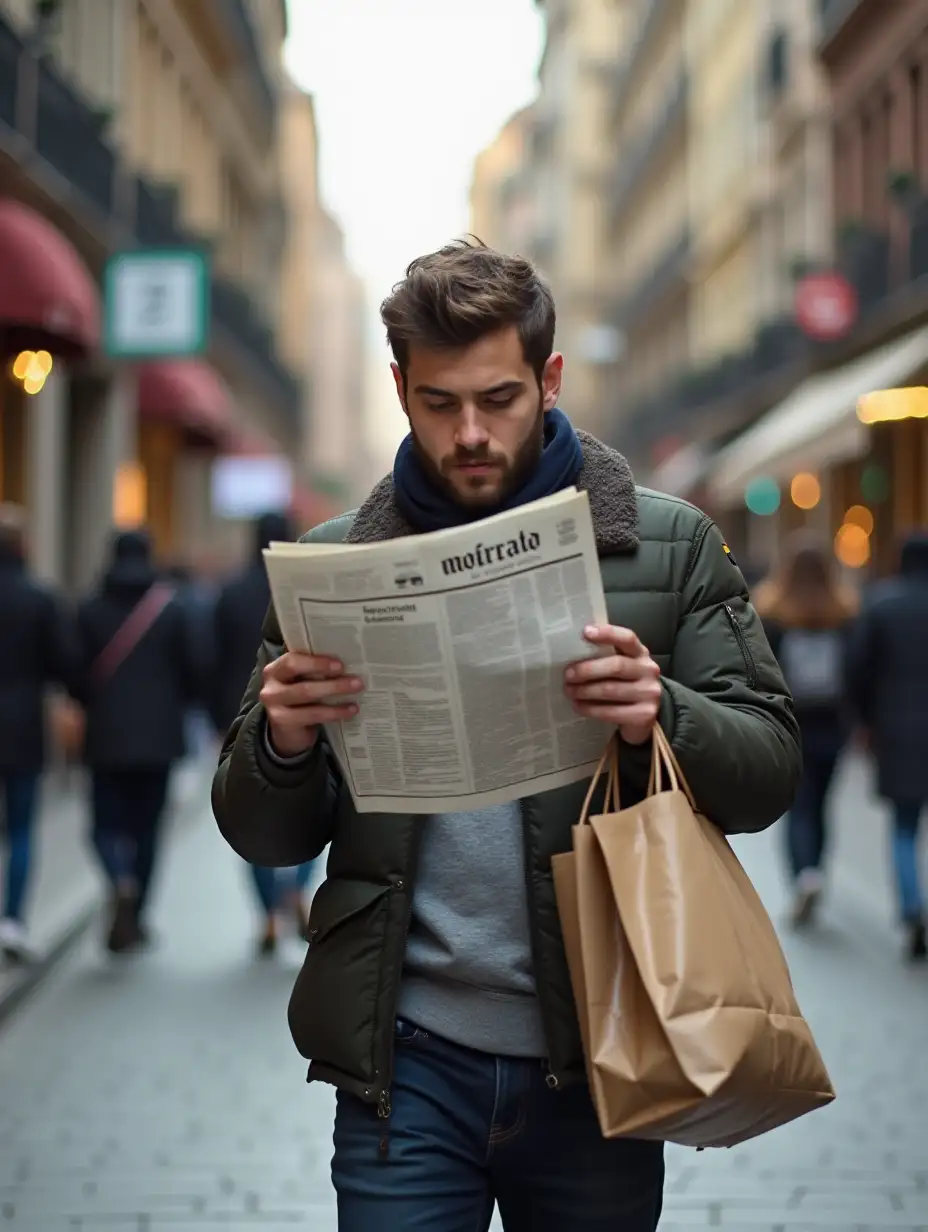 A young man reading a newspaper on the street carrying a bag of food from behind