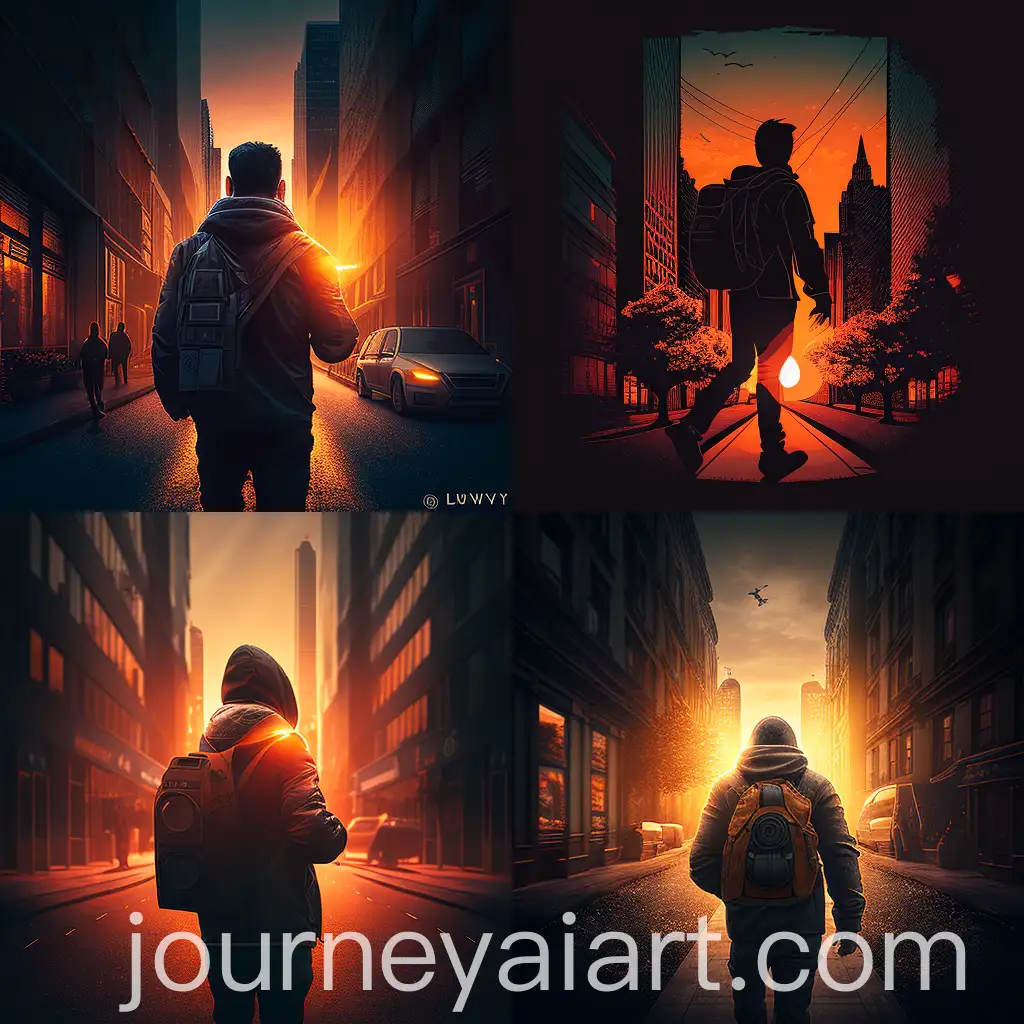 Photographer-Walking-Towards-Sunset-in-City-with-Camera-Moments-by-Danny
