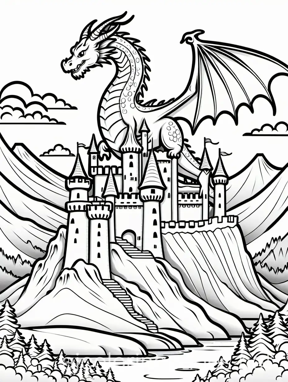 dragon with castle , Coloring Page, black and white, line art, white background, Simplicity, Ample White Space. The background of the coloring page is plain white to make it easy for young children to color within the lines. The outlines of all the subjects are easy to distinguish, making it simple for kids to color without too much difficulty