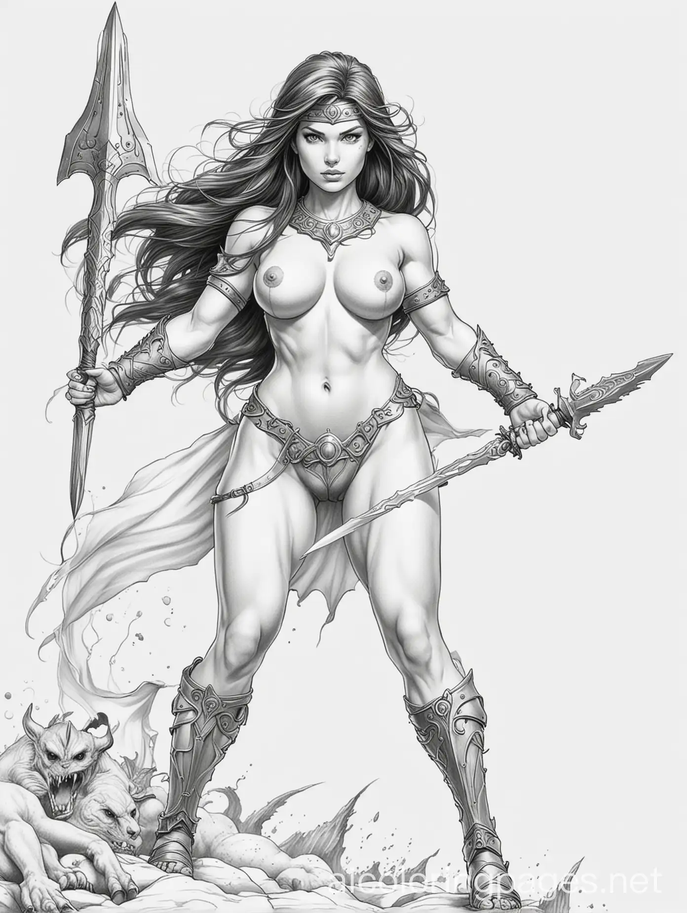 voluptuous naked female warrior, fighting monsters., Coloring Page, black and white, line art, white background, Simplicity, Ample White Space. The background of the coloring page is plain white to make it easy for young children to color within the lines. The outlines of all the subjects are easy to distinguish, making it simple for kids to color without too much difficulty