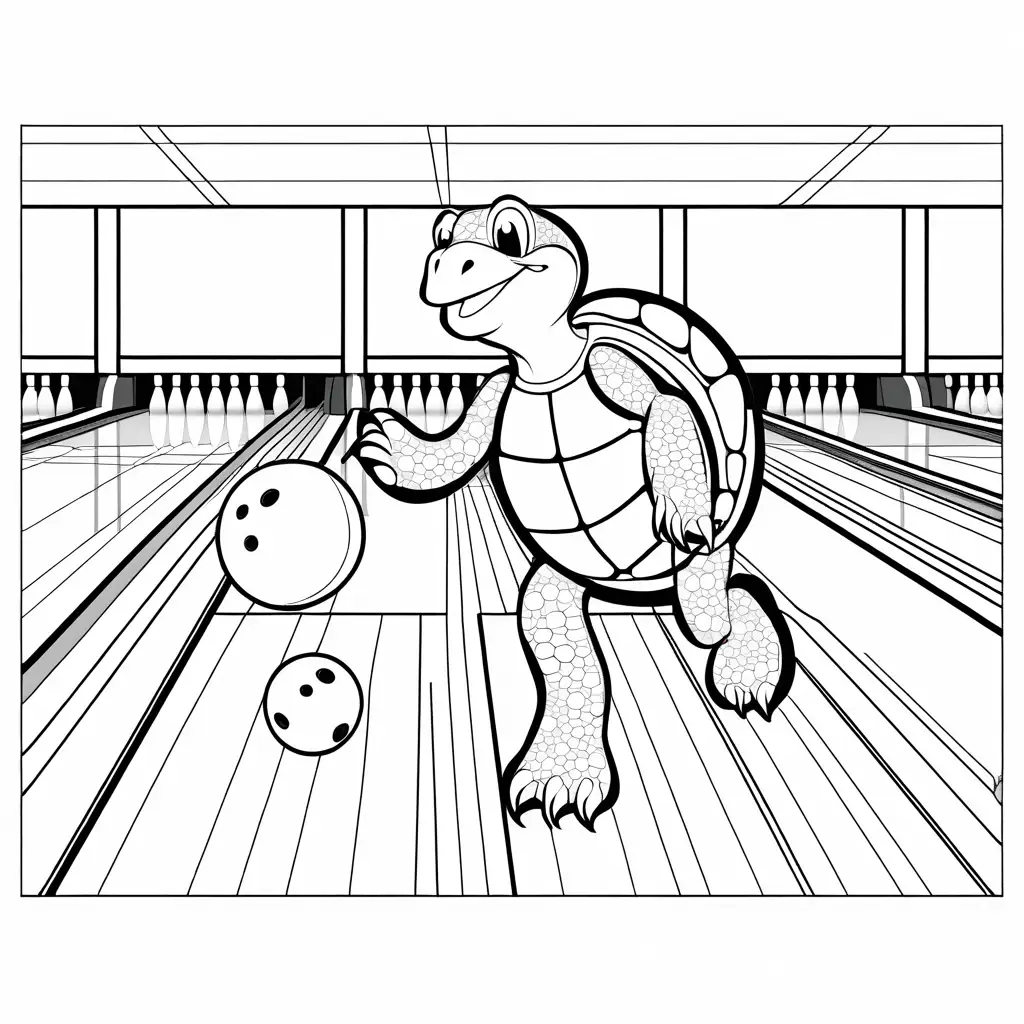 Teenage-Turtle-Bowling-in-Black-and-White-Coloring-Page