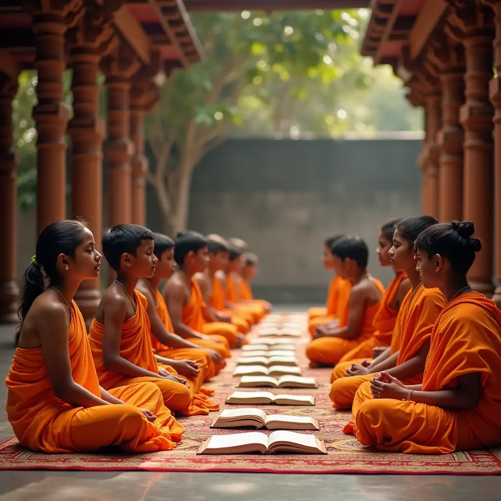 in a traditional gurukulam background, group of students sitting in classical attire, and practicing veda parayanam