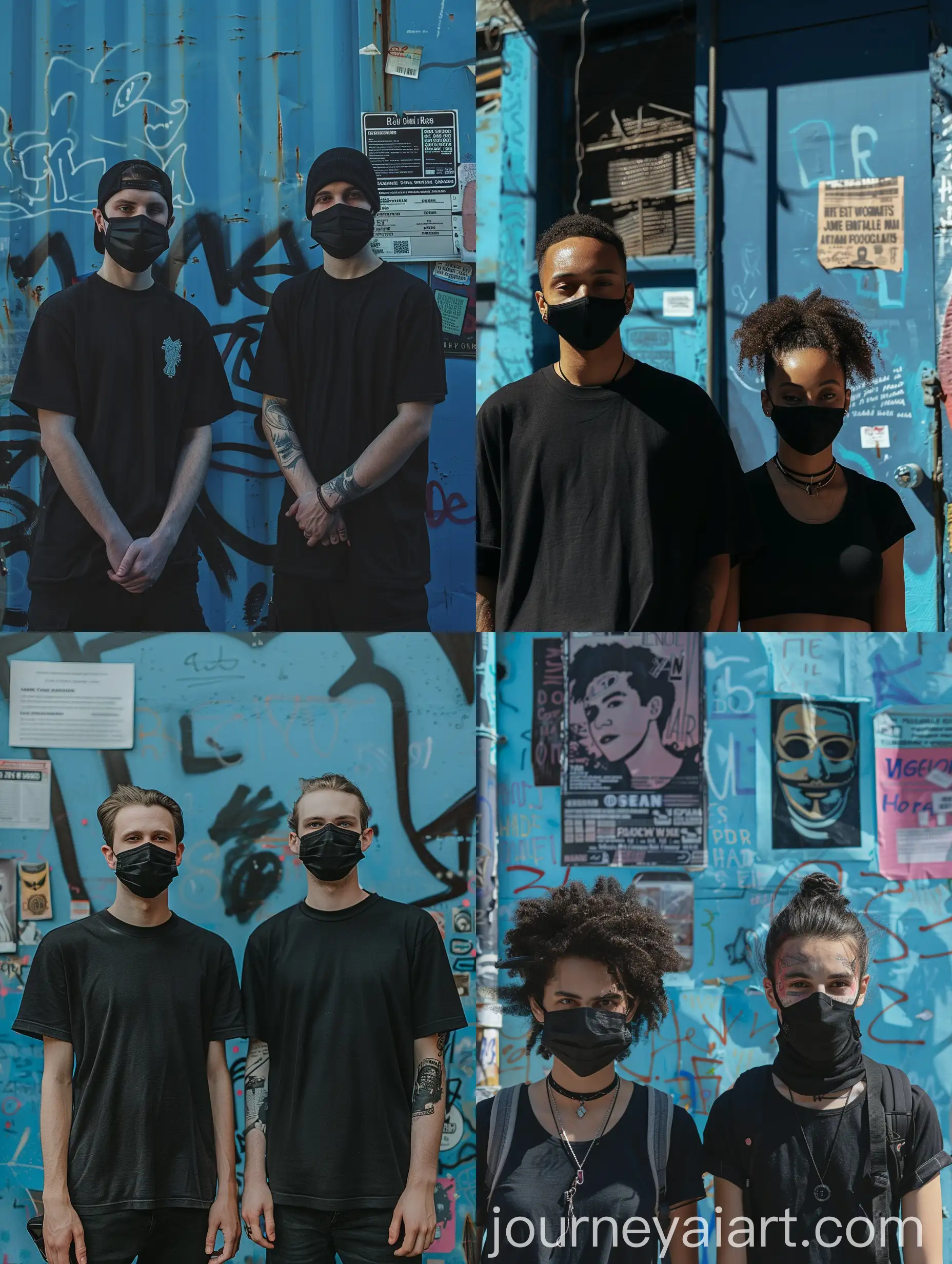 Two-Individuals-in-Black-Masks-and-Shirts-Against-Blue-Wall-with-Posters