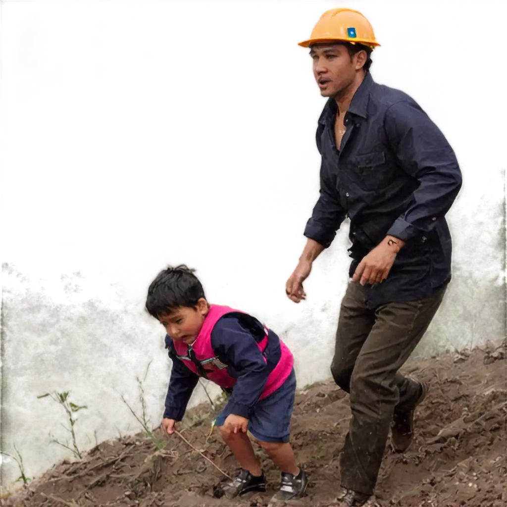 A man rescuing a child from landslide area