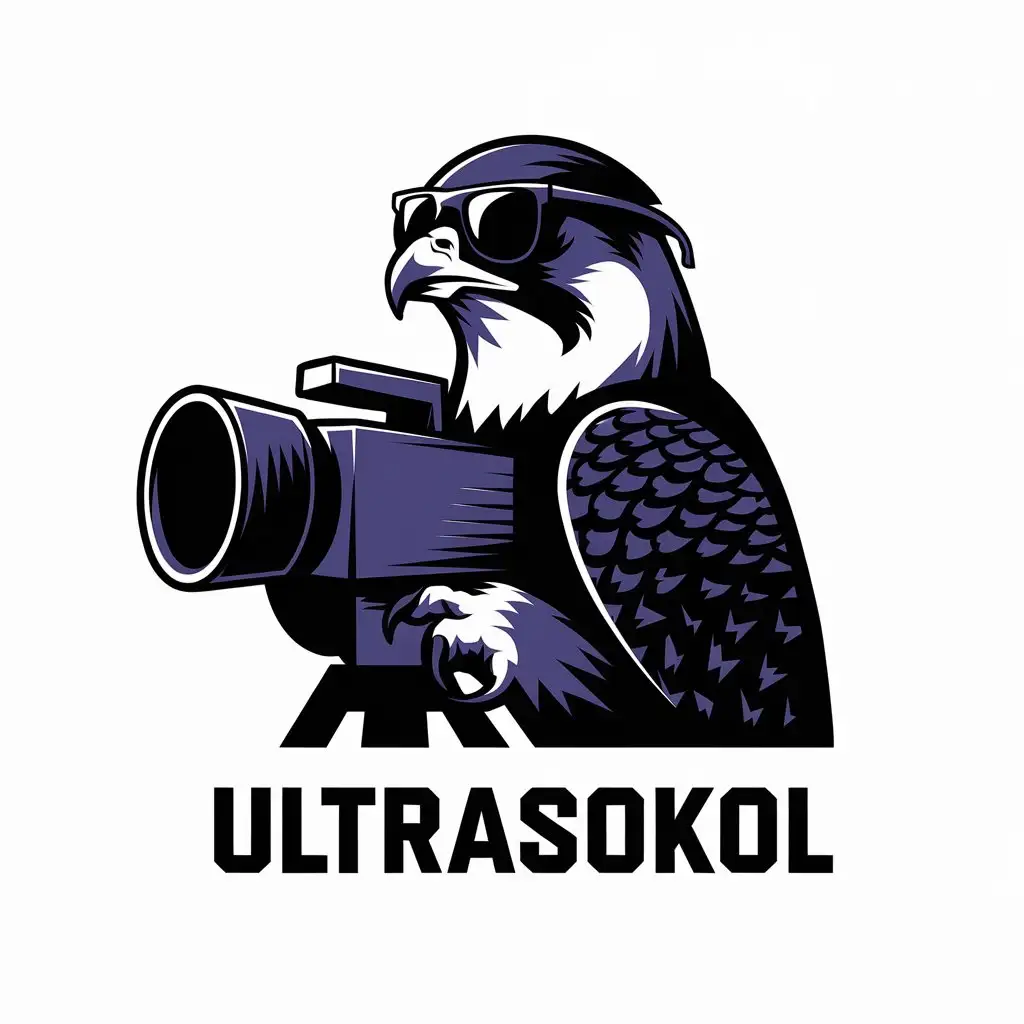 LOGO-Design-For-ULTRASOKOL-Falcon-in-Dark-Sunglasses-with-Retro-Video-Camera-in-Ultraviolet-Colors