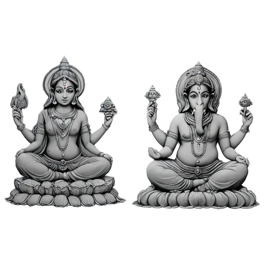 Engraved-Laxmi-Ganpati-Grey-Scale-PNG-Image-for-Enhanced-Digital-Clarity