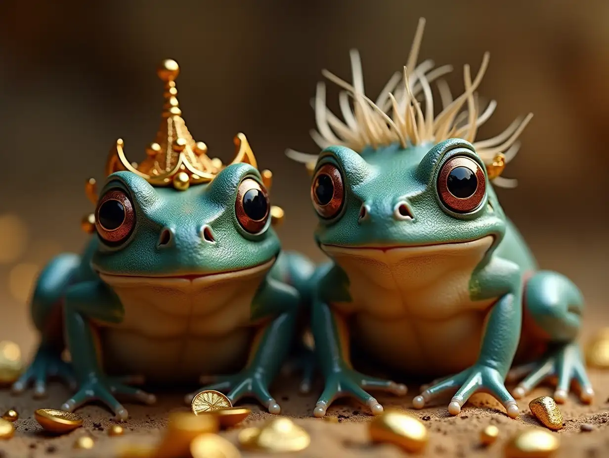 Two young black and white pattern frog with alien face, with rosigrün hair, with a slight smile on its face, highlighting its smile, modern retro jewelry, in a temple with much gold in various shades 4k