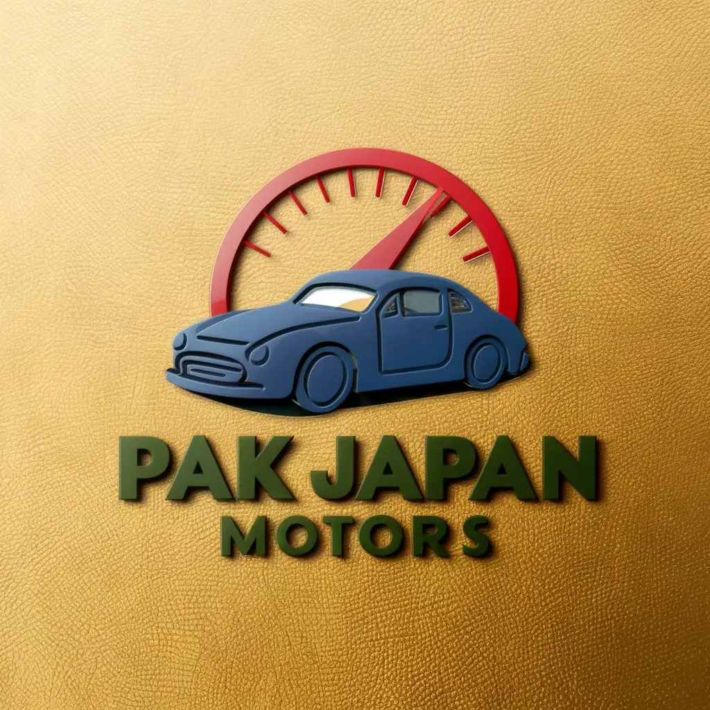 LOGO Design for PAK JAPAN MOTORS 3D Blue Car with Red Speedometer on Dust Gold Background