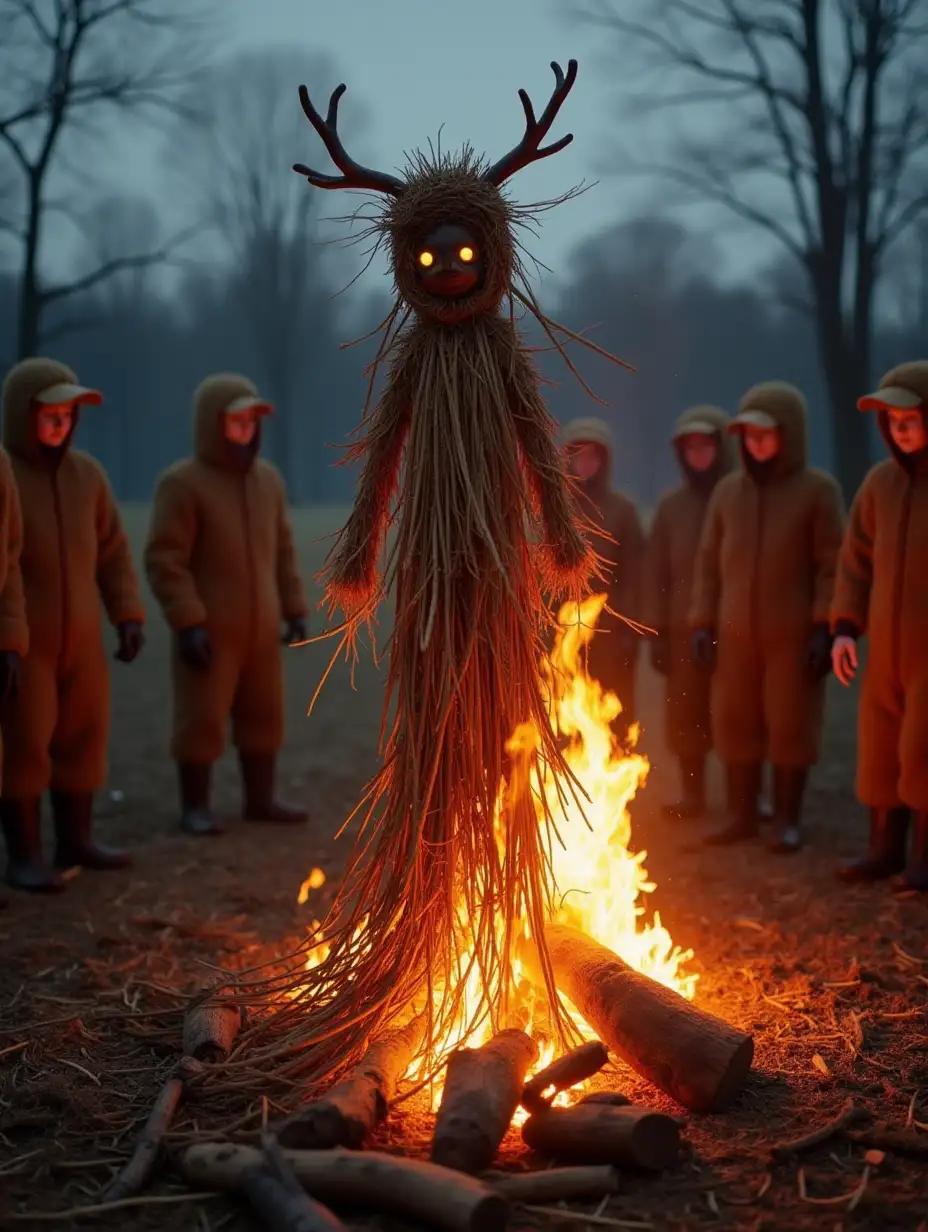 Straw doll Kostroma in full growth is burned on the bonfire, around the circle of people in animal skins