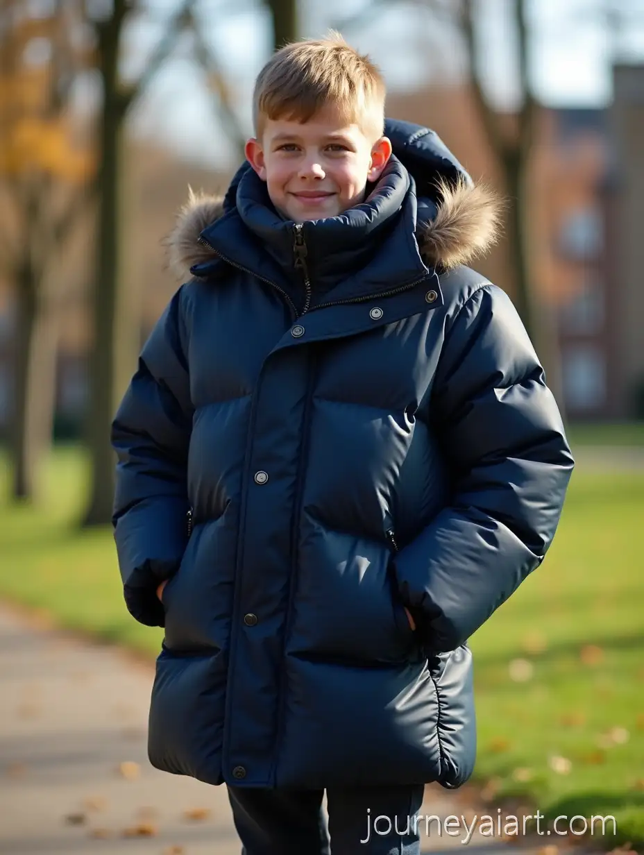 Teen-Boy-Wearing-Extremely-Puffy-Navy-Winter-Coat-in-Sunny-Summer-Park