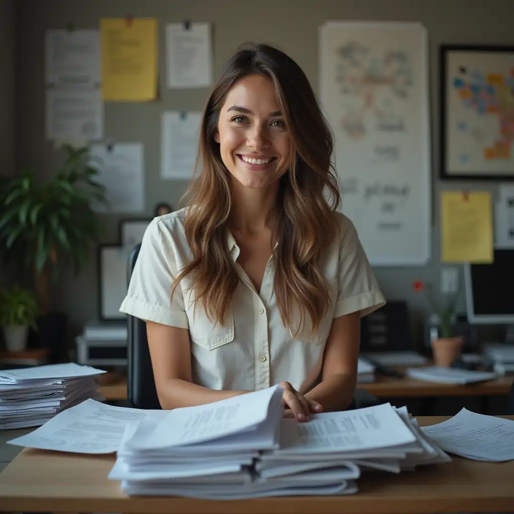 Woman-Standing-at-Desk-Surrounded-by-Documents-with-Confident-Smile