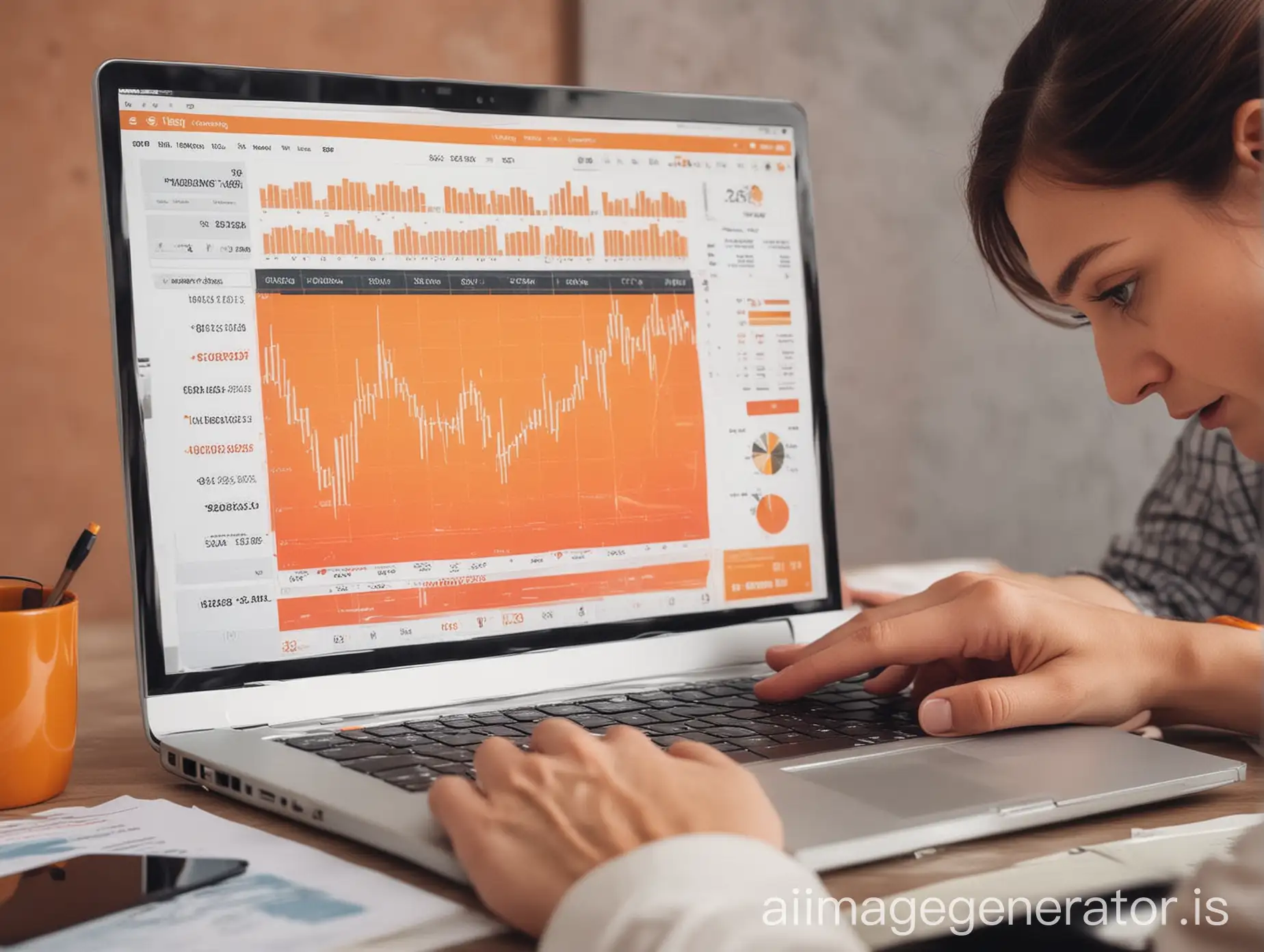 people frustrated looking on their laptop with laptop screen showing finance, money and chart. in color white and orange