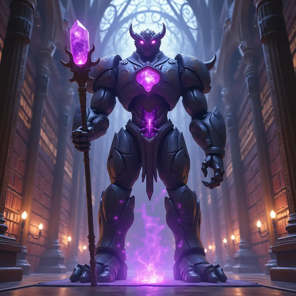 Majestic-Magical-Construct-in-an-Ornate-Library-with-Glowing-Violet-Runes