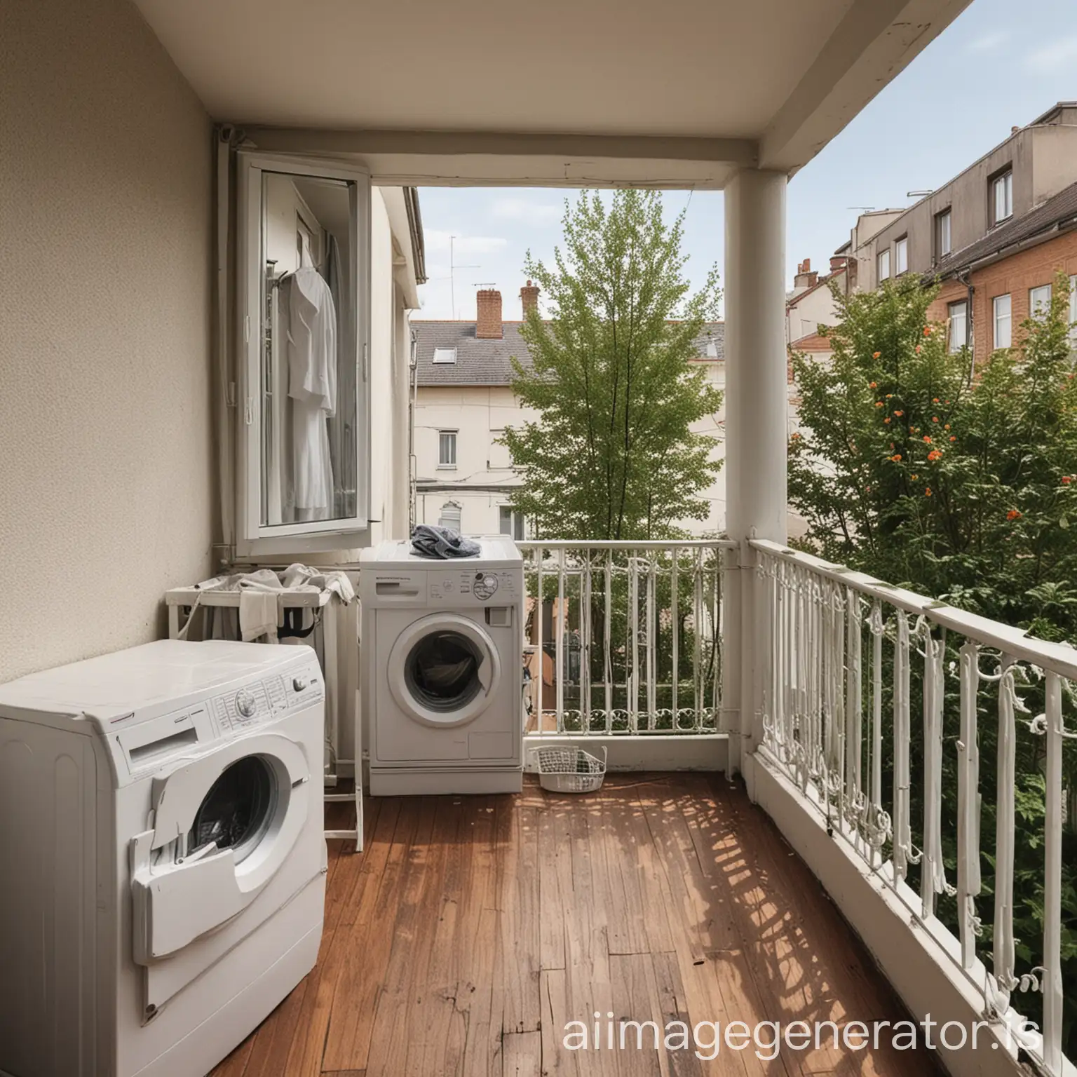 An American style balcony, where the washing machine is placed, facing forward