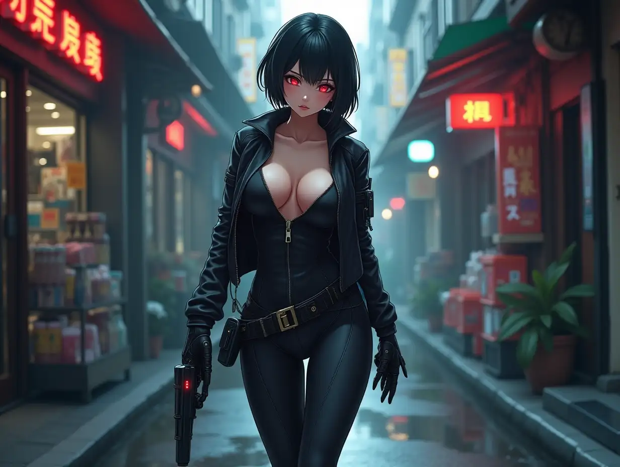 Short hair, mature Asian woman thief cyber runner in a dynamic full-length pose, eyes with red electronic pupils, large breast, extreme skintight body glove zipped down with cleavage, combat boots and combat belt. Full view of her body from boots up, low wide angle. Future store filled city alley street. Anime