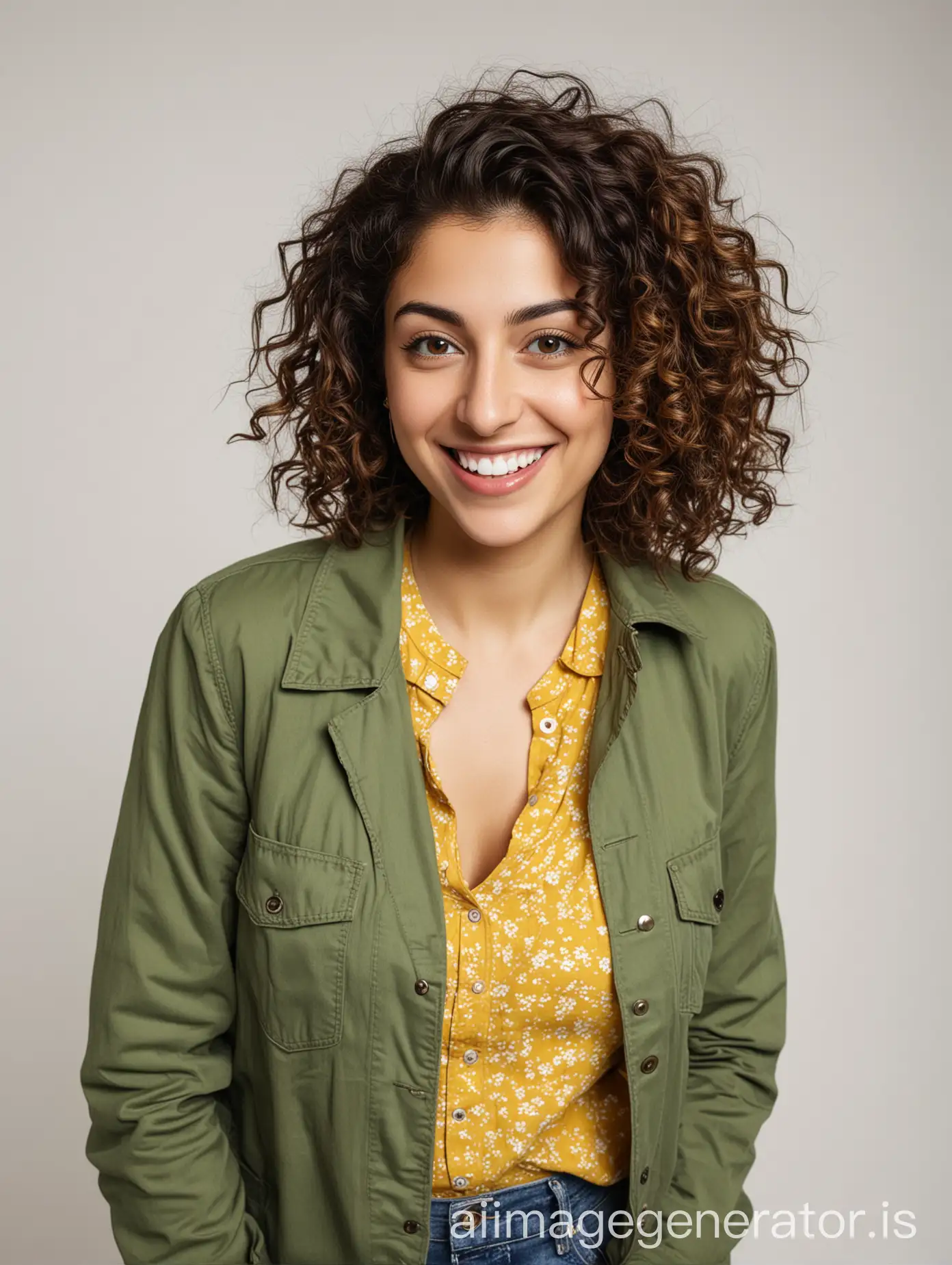 A pretty 30 y.o. Armenian woman, yellow blouse, green jacket, curly hair, smiling, on a white background.