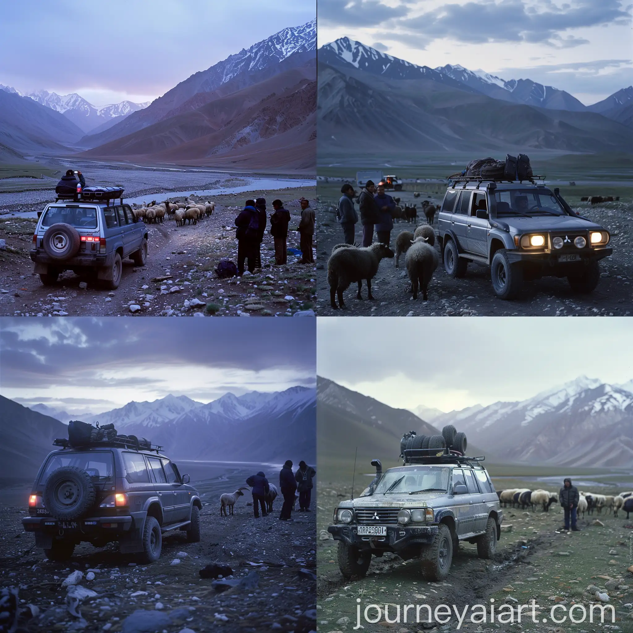 Tourists-at-Sunset-with-Mitsubishi-Pajero-in-Karakul-Village