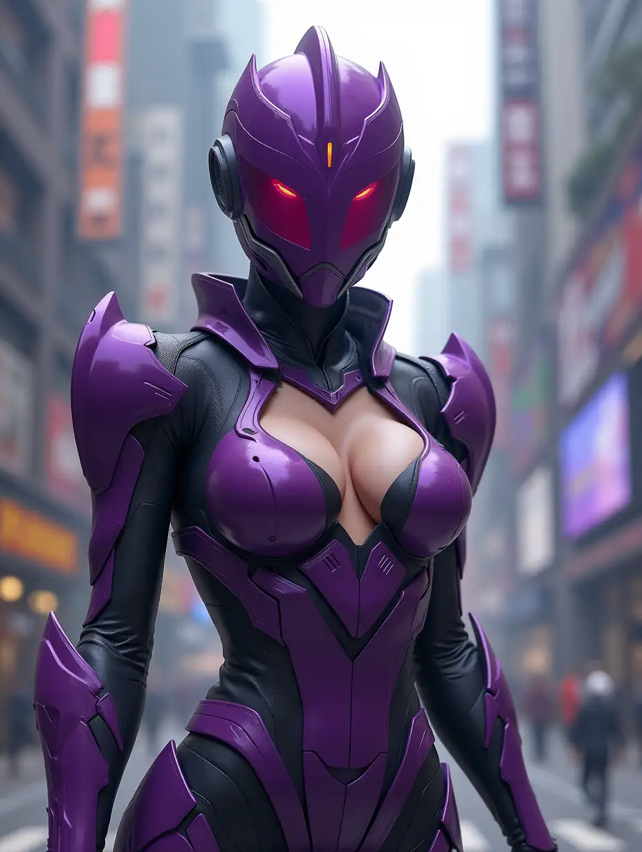 Kamenrider ryuuki, realistic, full body, futuristic city, armor, mask, woman, purple, cleavage, hairless