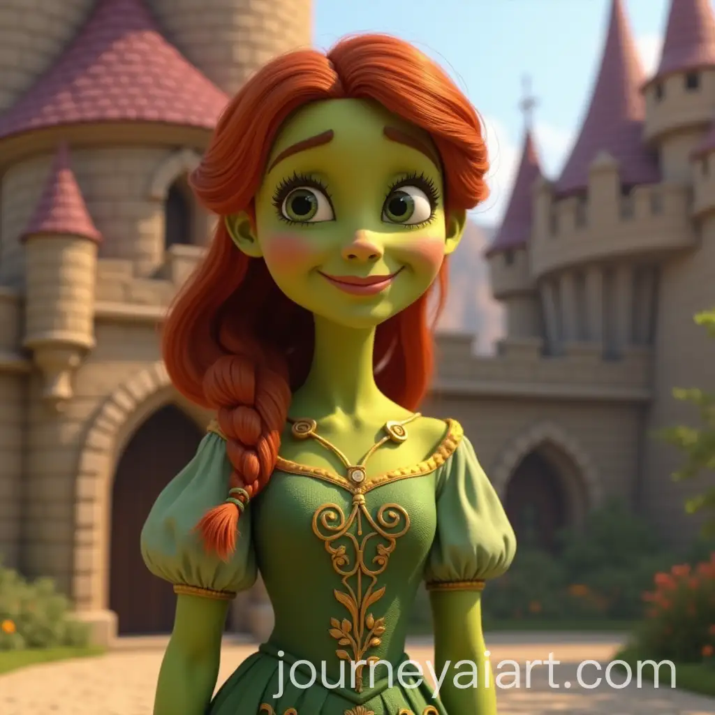 3D-Animated-Princess-in-Whimsical-Fantasy-Castle-with-Green-Skin-and-Braided-Red-Hair