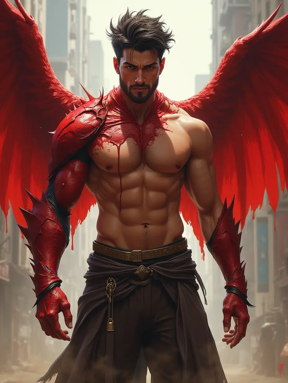 New image please, detailed digital painting style of asuras wrath , A shirtless handsome tanned man with stubble and spiked hair, faintly visible one red wing. He is taking off a  symbiotic mucuslike armor suit