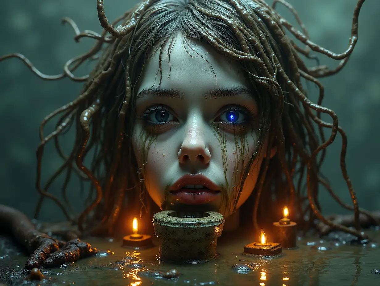 Creating a digital photo of a face with slime hair, that transforms into a building with brown soup and illuminated toilet with rusty iron and a river with floating paint and rusty lanterns and strange eerie creatures