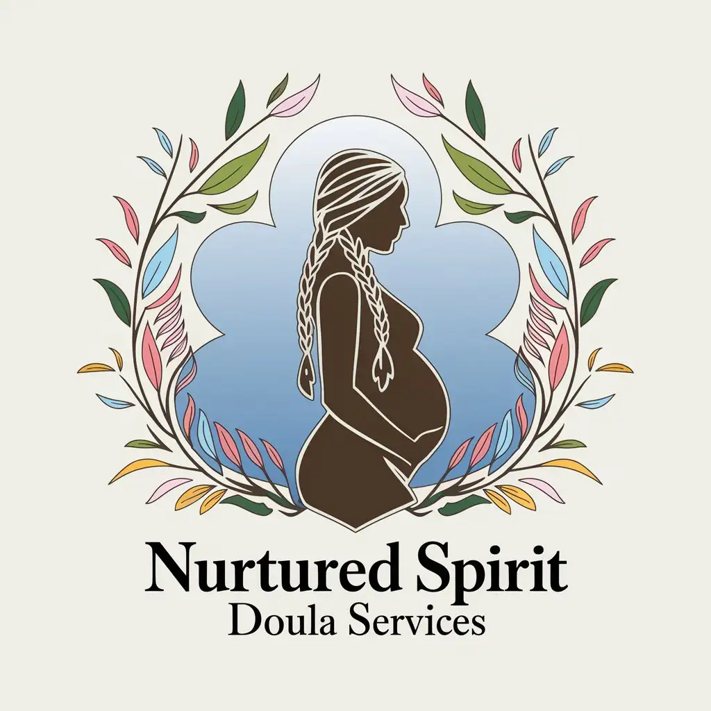 LOGO Design For Nurtured Spirit Doula Services Native American Pregnant Woman Outline with Braids