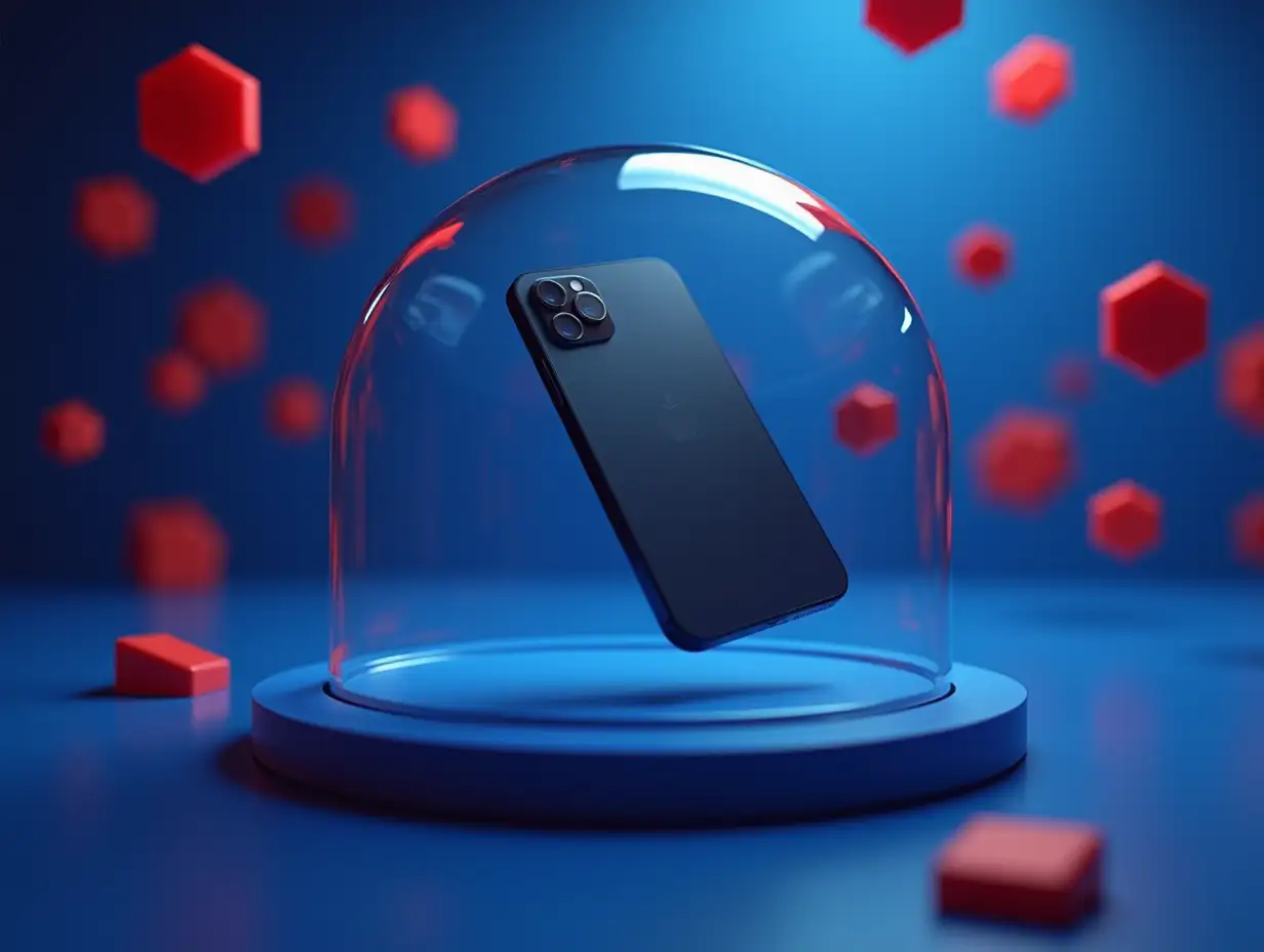 A wide angle shot of a sleek Iphone floating inside a glass dome. A deep blue backdrop colors super detailed rendition. Raw photography. Red hexagon 3D shapes with rounded corners floating all over outside the glass dome in the background.