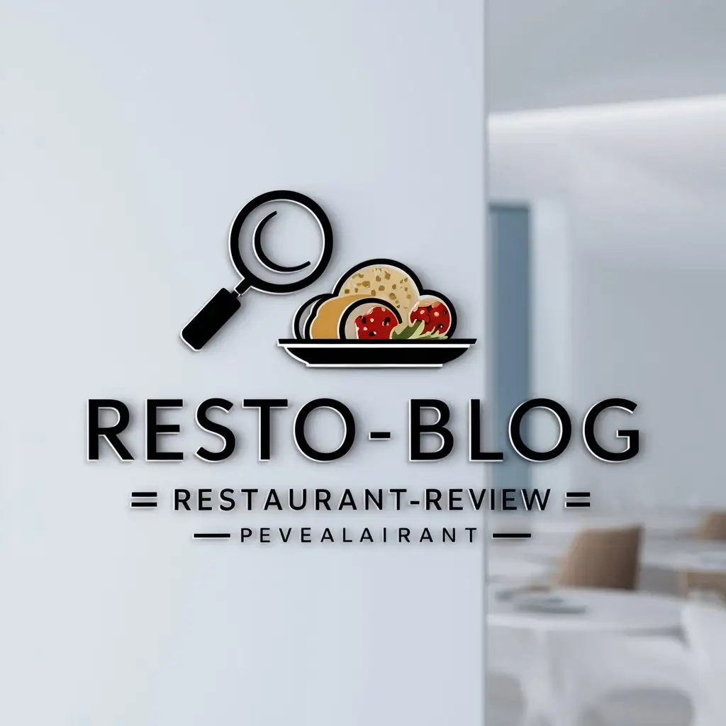 a logo design,with the text "Resto-blog", main symbol:Magnifying glass looking at food,Moderate,be used in Restaurant industry,clear background